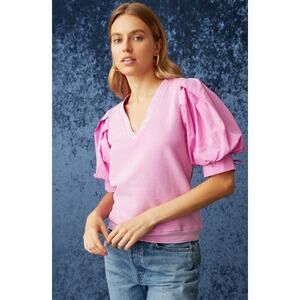 MARIE OLIVER Viva Popover Top Petal Pink V Neck Puff Sleeve Women's M